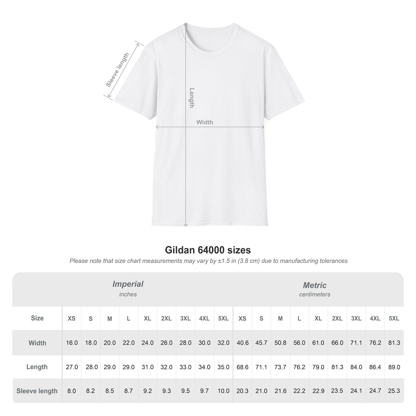 Gildan 64000 Softstyle t-shirt size chart listing width, length, and sleeve measurements in inches and centimeters