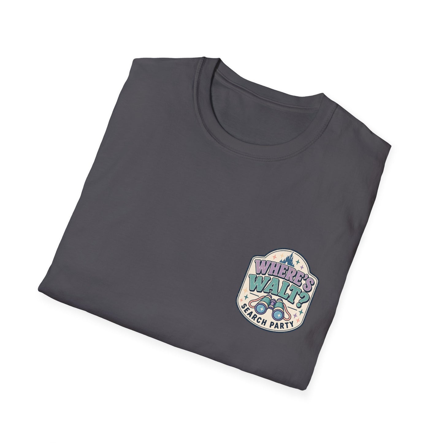Charcoal Grat Where’s Walt Search Party retro front shirt graphic with binoculars
