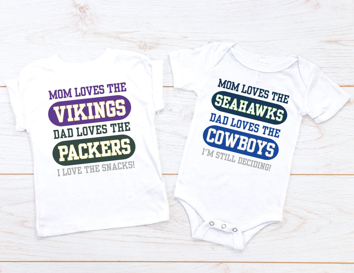 Customized Split Household NFL Teams - Mom Loves One Team - Dad Loves Another - Baby Onesie / Toddler T-Shirt - Customize to any teams - House Divided