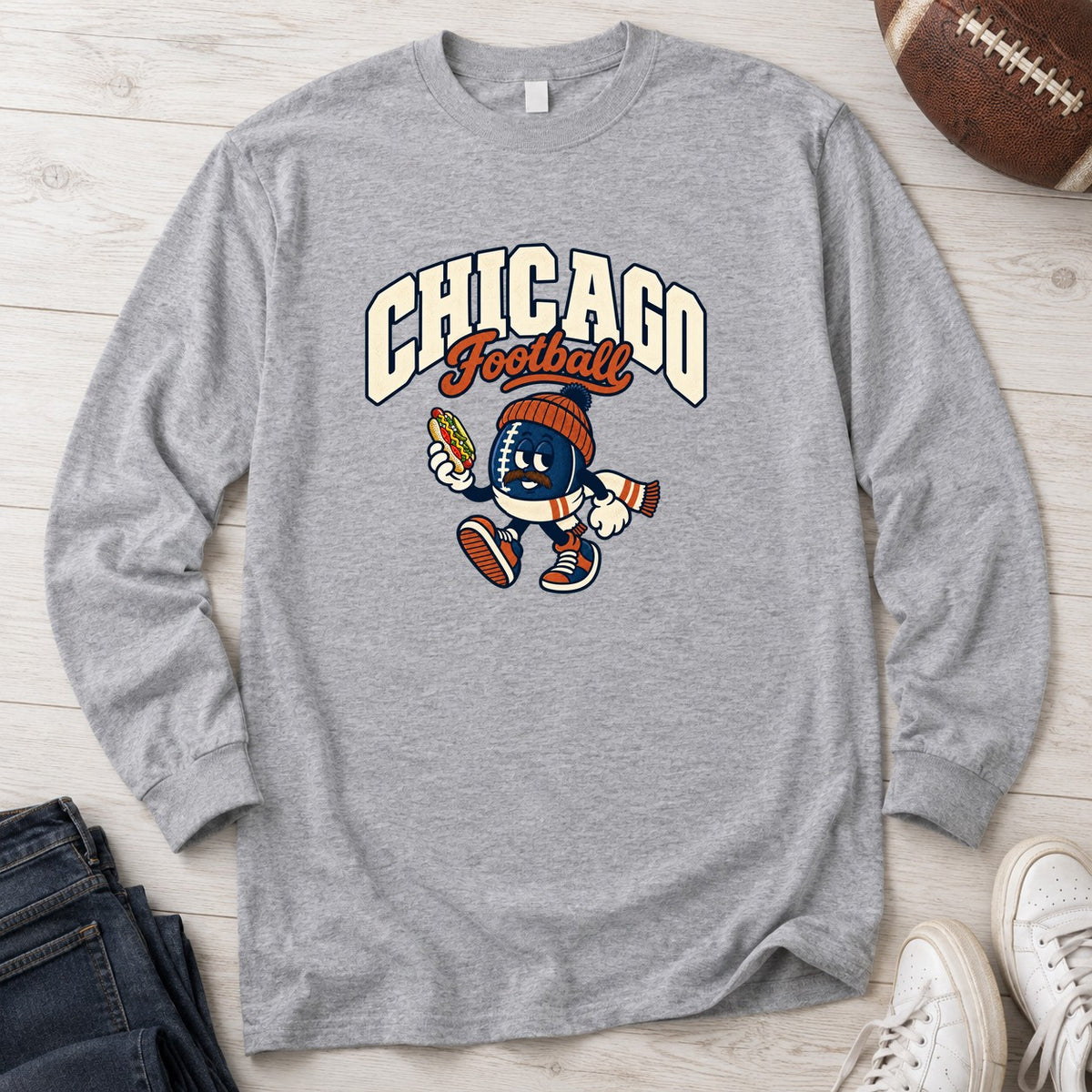 Chicago Football Retro Mascot Long Sleeve in Sport Grey