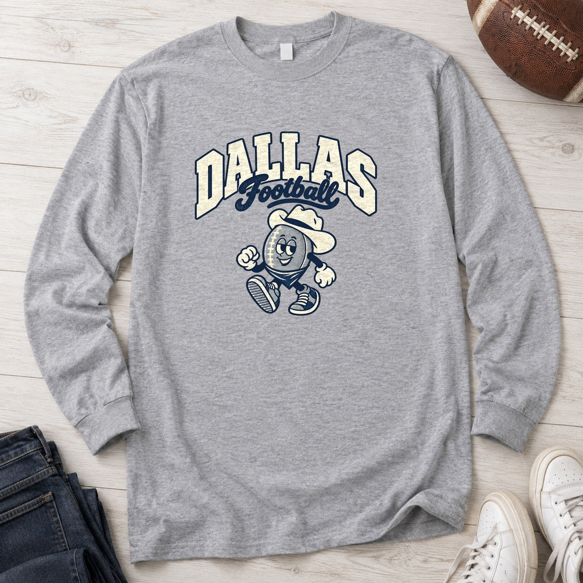Dallas Football Retro Mascot Long Sleeve in Sport Grey