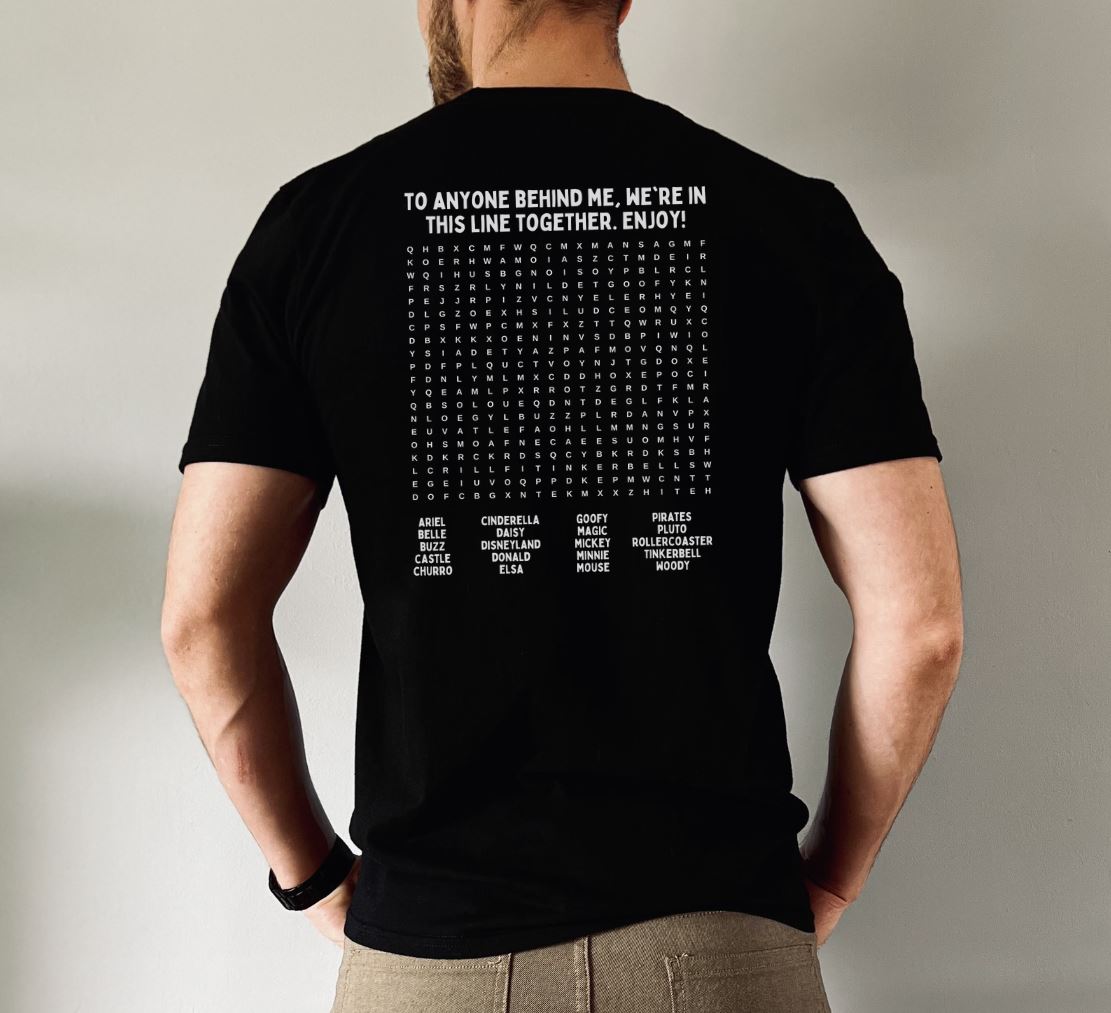 Interactive Disneyland T-Shirt - Fun Word Search Puzzle on Back - Waiting In Line Game, Unisex Gildan T-Shirts