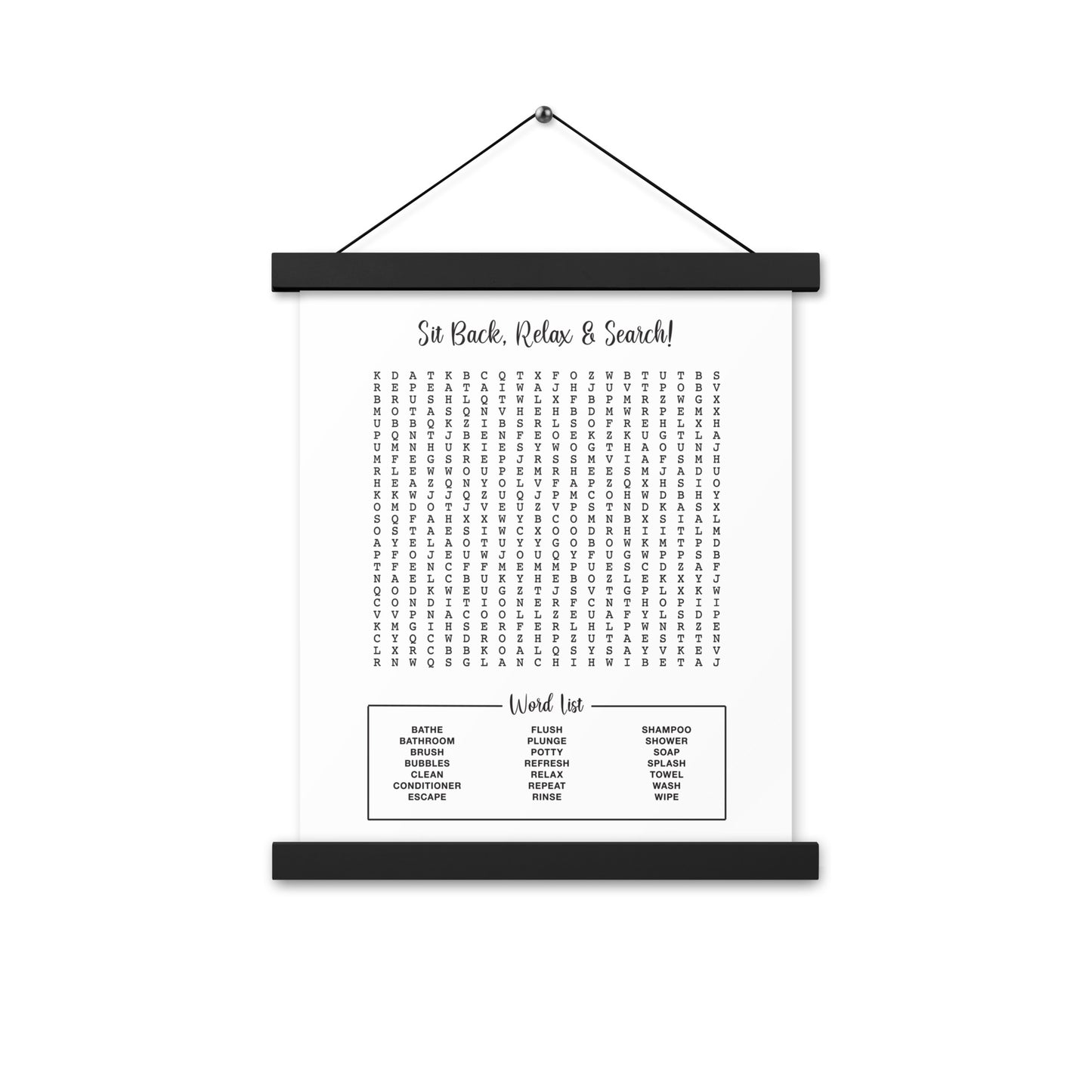 Fun Bathroom Word Search Poster with Decorative Wooden Magnetic Hanger Frame Included - Home Decor - Guest Bathroom - Half Bathroom Wall Art