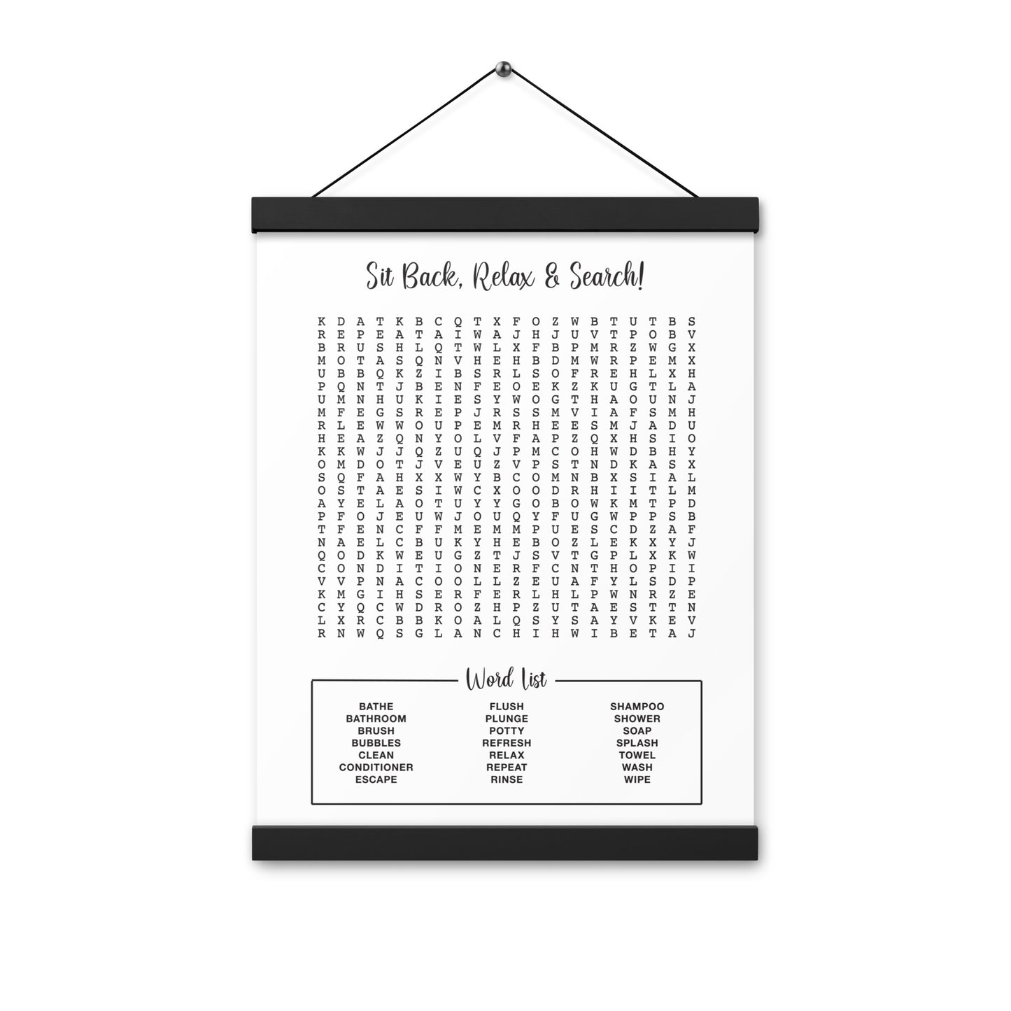 Fun Bathroom Word Search Poster with Decorative Wooden Magnetic Hanger Frame Included - Home Decor - Guest Bathroom - Half Bathroom Wall Art