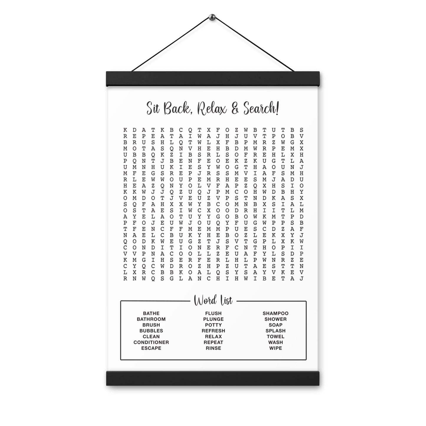 Fun Bathroom Word Search Poster with Decorative Wooden Magnetic Hanger Frame Included - Home Decor - Guest Bathroom - Half Bathroom Wall Art