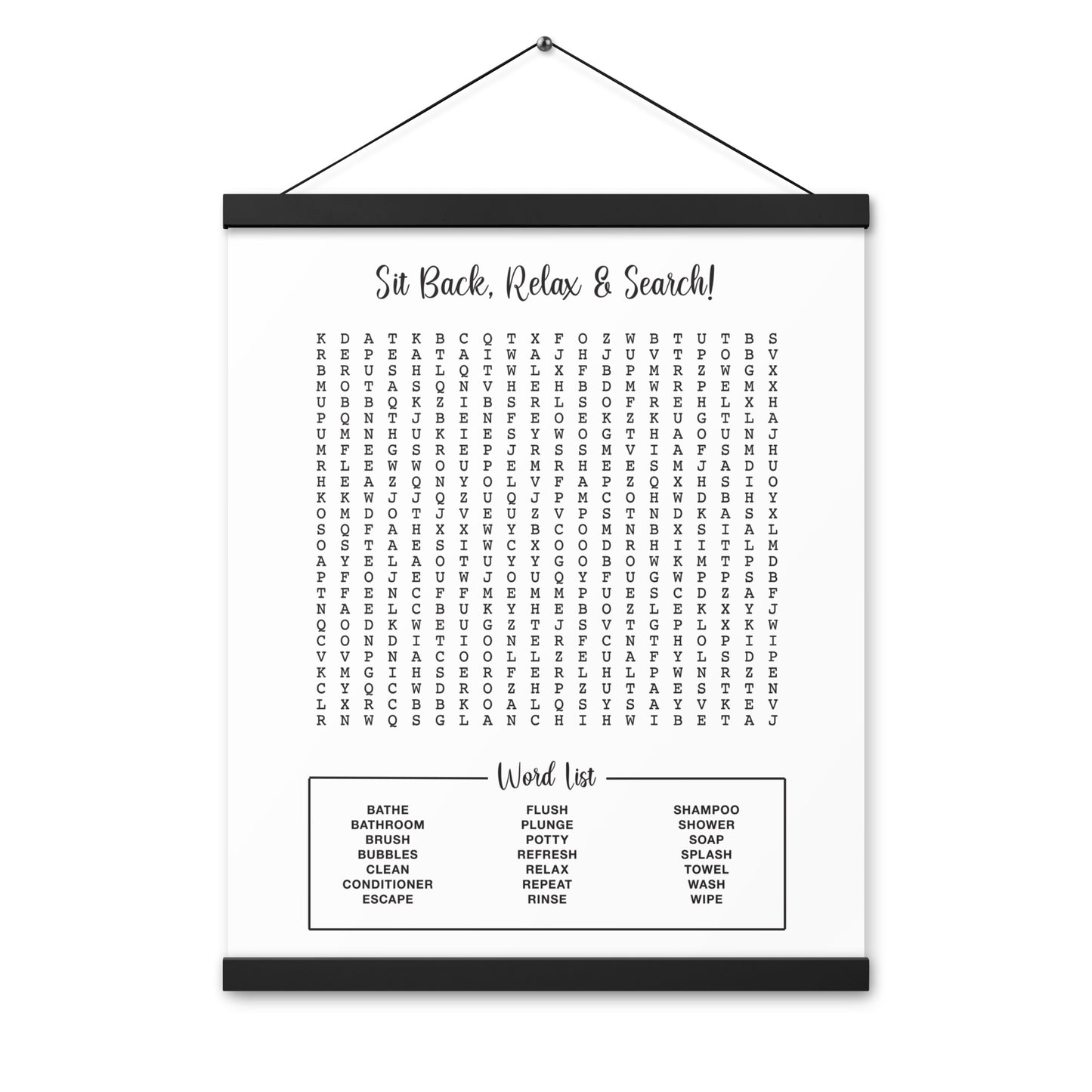 Fun Bathroom Word Search Poster with Decorative Wooden Magnetic Hanger Frame Included - Home Decor - Guest Bathroom - Half Bathroom Wall Art
