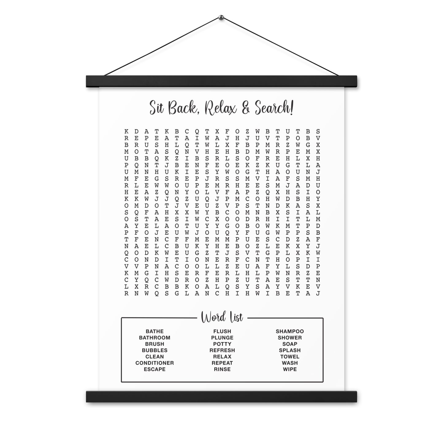 Fun Bathroom Word Search Poster with Decorative Wooden Magnetic Hanger Frame Included - Home Decor - Guest Bathroom - Half Bathroom Wall Art