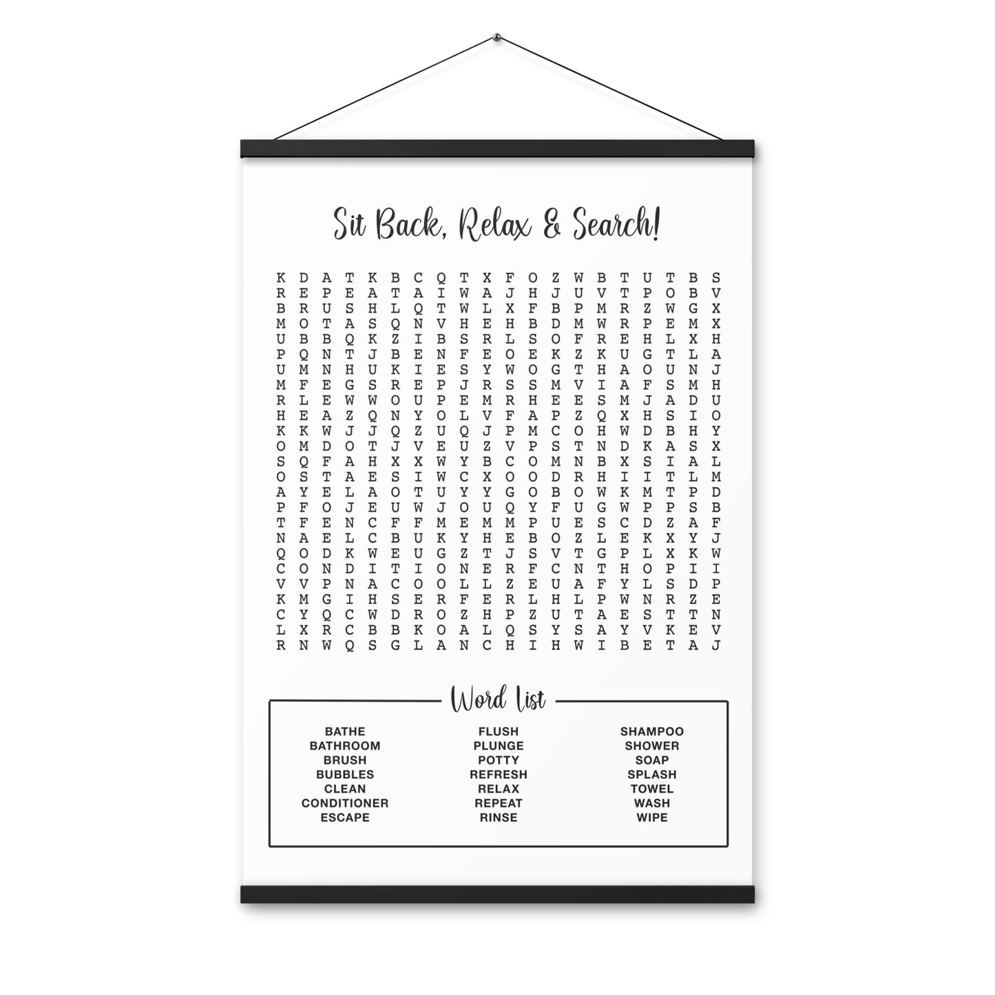 Fun Bathroom Word Search Poster with Decorative Wooden Magnetic Hanger Frame Included - Home Decor - Guest Bathroom - Half Bathroom Wall Art