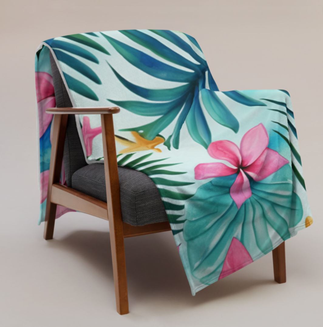 Soft Silk Touch Throw Blanket - Tropical Flowers - Palm Leaves, Teal, Pink, Blue, Green, Pastel Colors, Cozy Blanket, Bright Colored Blanket