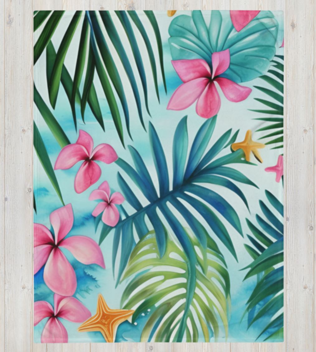 Soft Silk Touch Throw Blanket - Tropical Flowers - Palm Leaves, Teal, Pink, Blue, Green, Pastel Colors, Cozy Blanket, Bright Colored Blanket