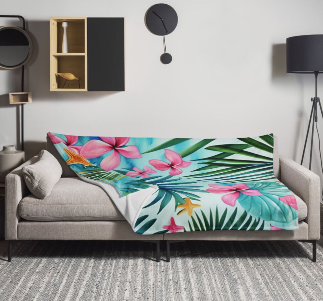 Soft Silk Touch Throw Blanket - Tropical Flowers - Palm Leaves, Teal, Pink, Blue, Green, Pastel Colors, Cozy Blanket, Bright Colored Blanket