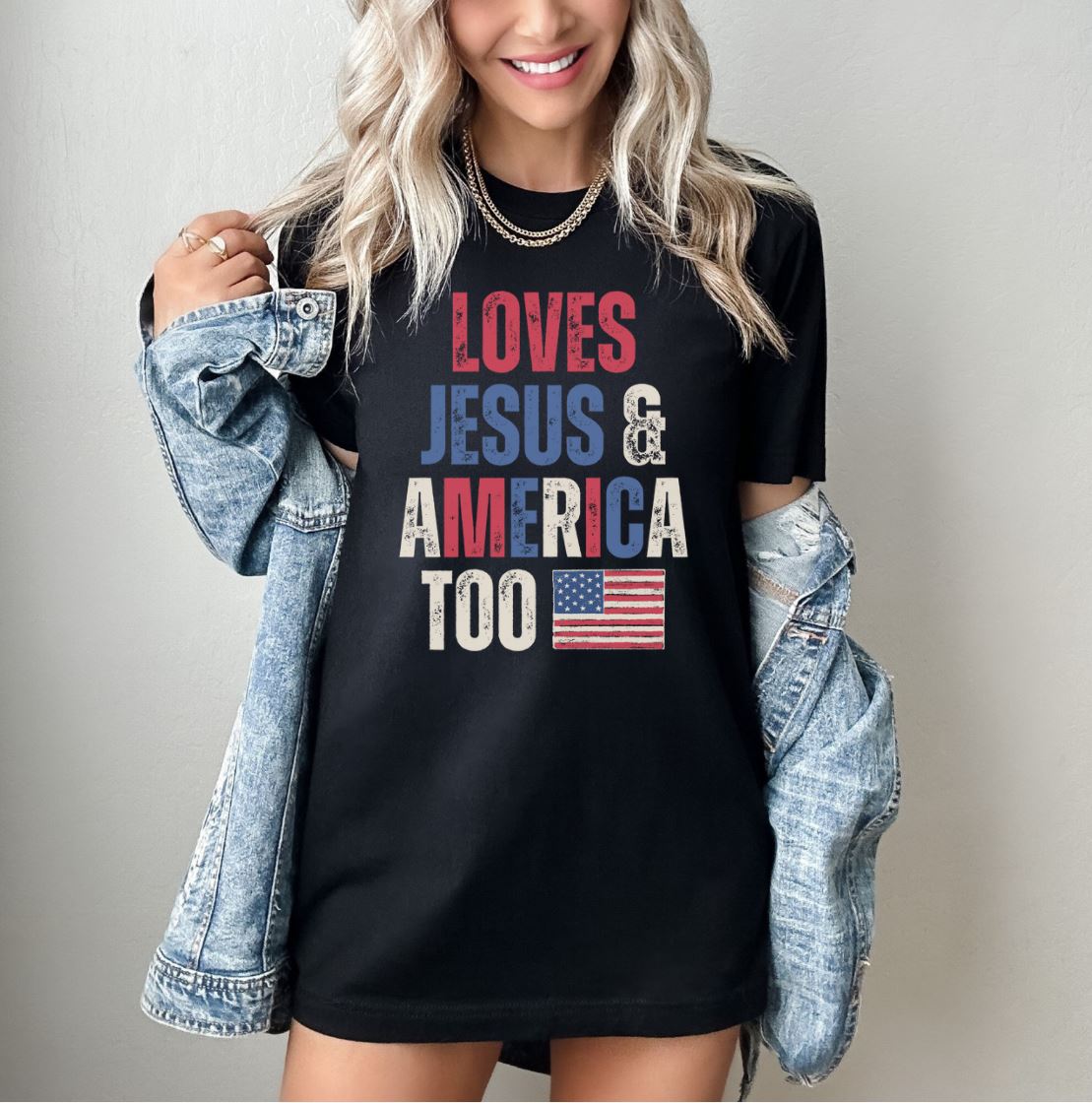 Fun Patriotic T-Shirt - Loves Jesus & America Too - 4th of July Shirt - American Flag Shirt - USA - Free Fallin - Unisex Bella Canvas T-Shirts