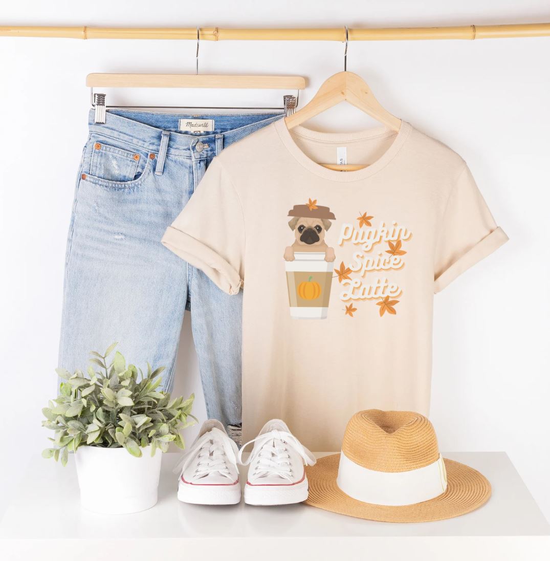 Funny Fall T-Shirt - Pugkin Spice Latte, Pug Lover T-Shirt, Pumpkin Spice Coffee Lover Shirt, Cute Dog Graphic Tee, Unisex Bella Canvas T-Shirt, Express Shipping Available