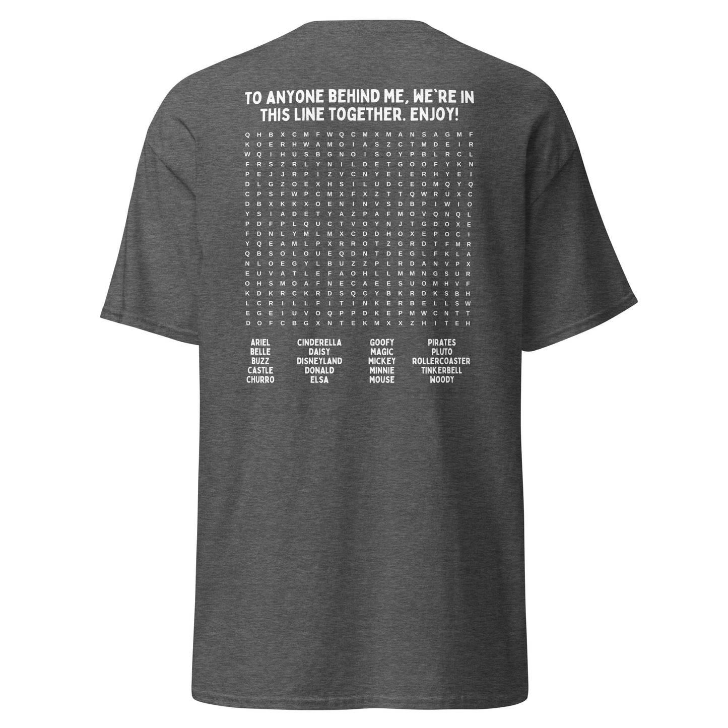 Interactive Disneyland T-Shirt - Fun Word Search Puzzle on Back - Waiting In Line Game, Unisex Gildan T-Shirts