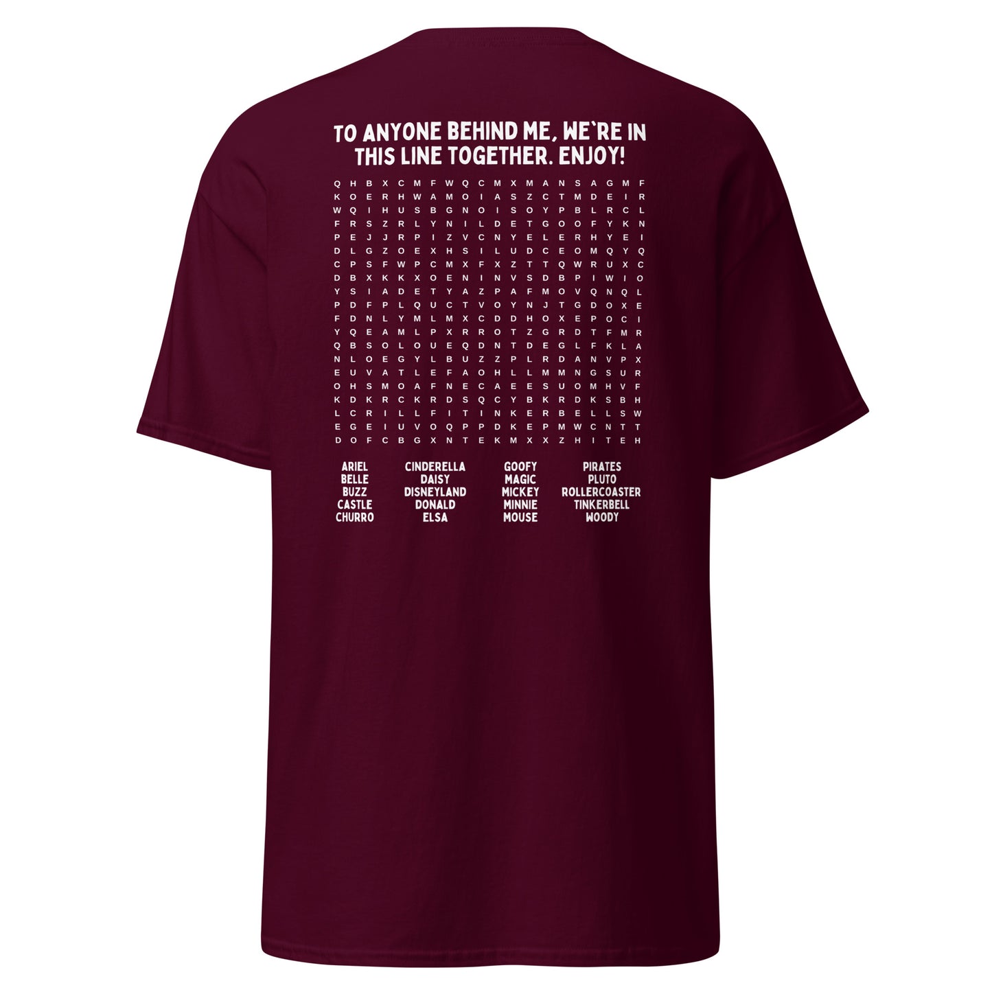 Interactive Disneyland T-Shirt - Fun Word Search Puzzle on Back - Waiting In Line Game, Unisex Gildan T-Shirts