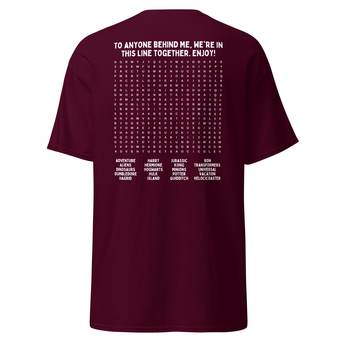 Interactive Universal Studios Themed T-Shirt - Fun Word Search Puzzle on Back - Waiting in Line, Universal Rides, Orlando, Word Find, Line Game, Unisex Gildan T-Shirt