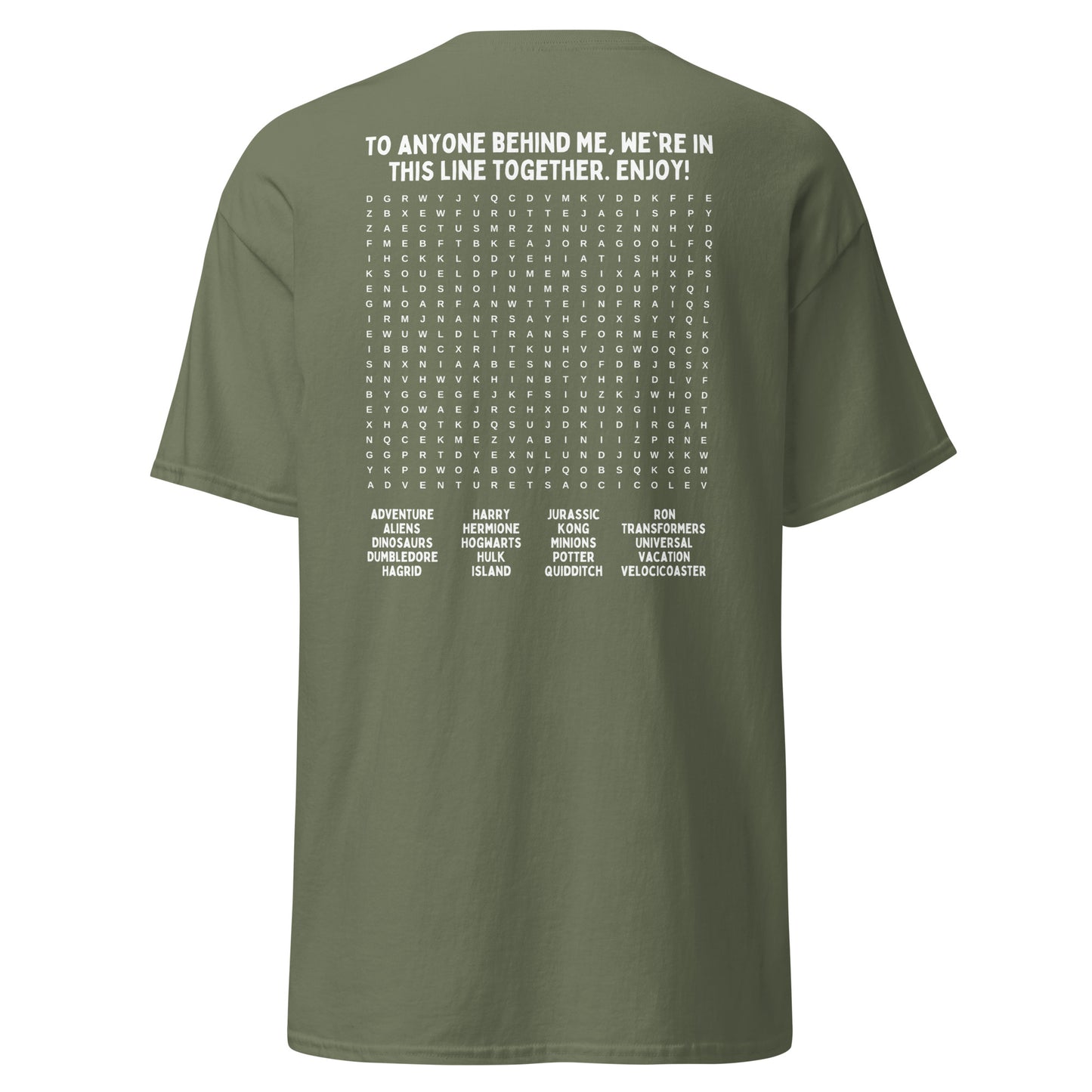 Interactive Universal Studios Themed T-Shirt - Fun Word Search Puzzle on Back - Waiting in Line, Universal Rides, Orlando, Word Find, Line Game, Unisex Gildan T-Shirt