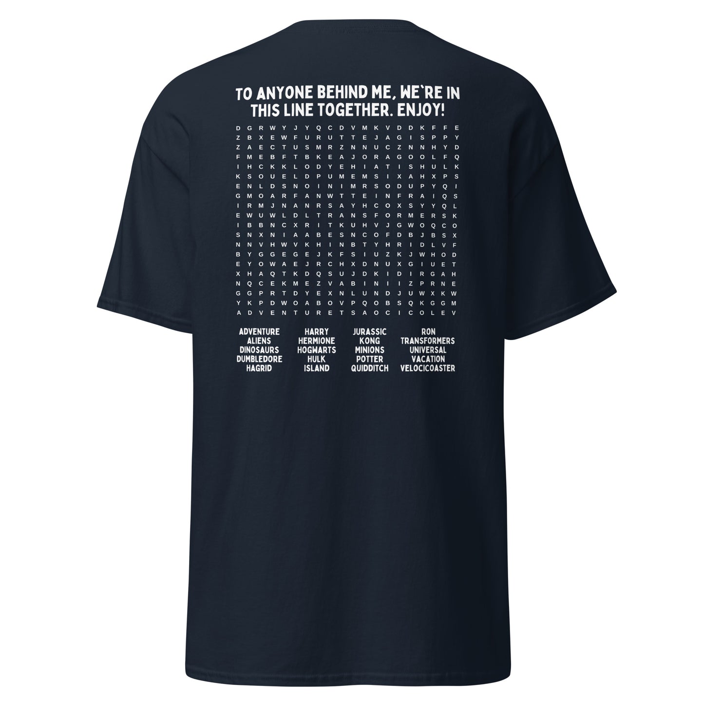 Interactive Universal Studios Themed T-Shirt - Fun Word Search Puzzle on Back - Waiting in Line, Universal Rides, Orlando, Word Find, Line Game, Unisex Gildan T-Shirt