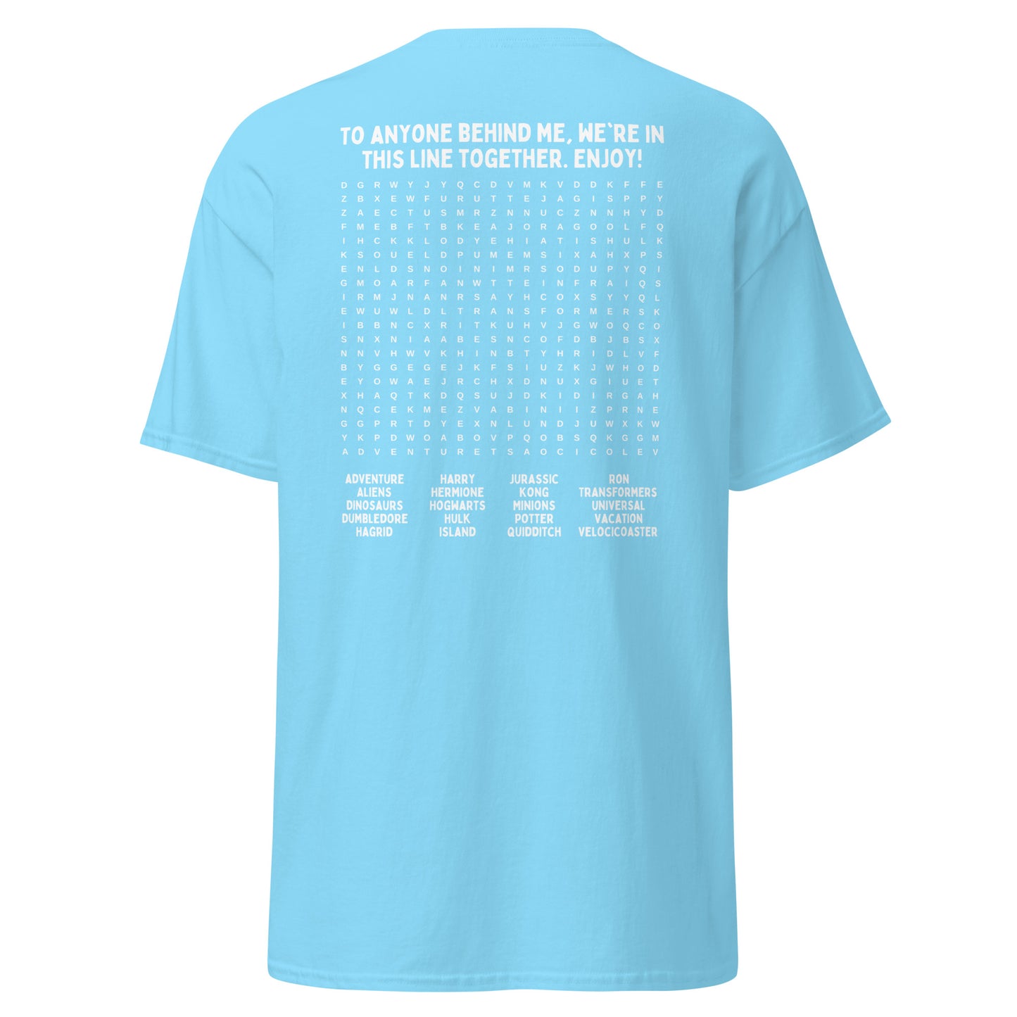 Interactive Universal Studios Themed T-Shirt - Fun Word Search Puzzle on Back - Waiting in Line, Universal Rides, Orlando, Word Find, Line Game, Unisex Gildan T-Shirt