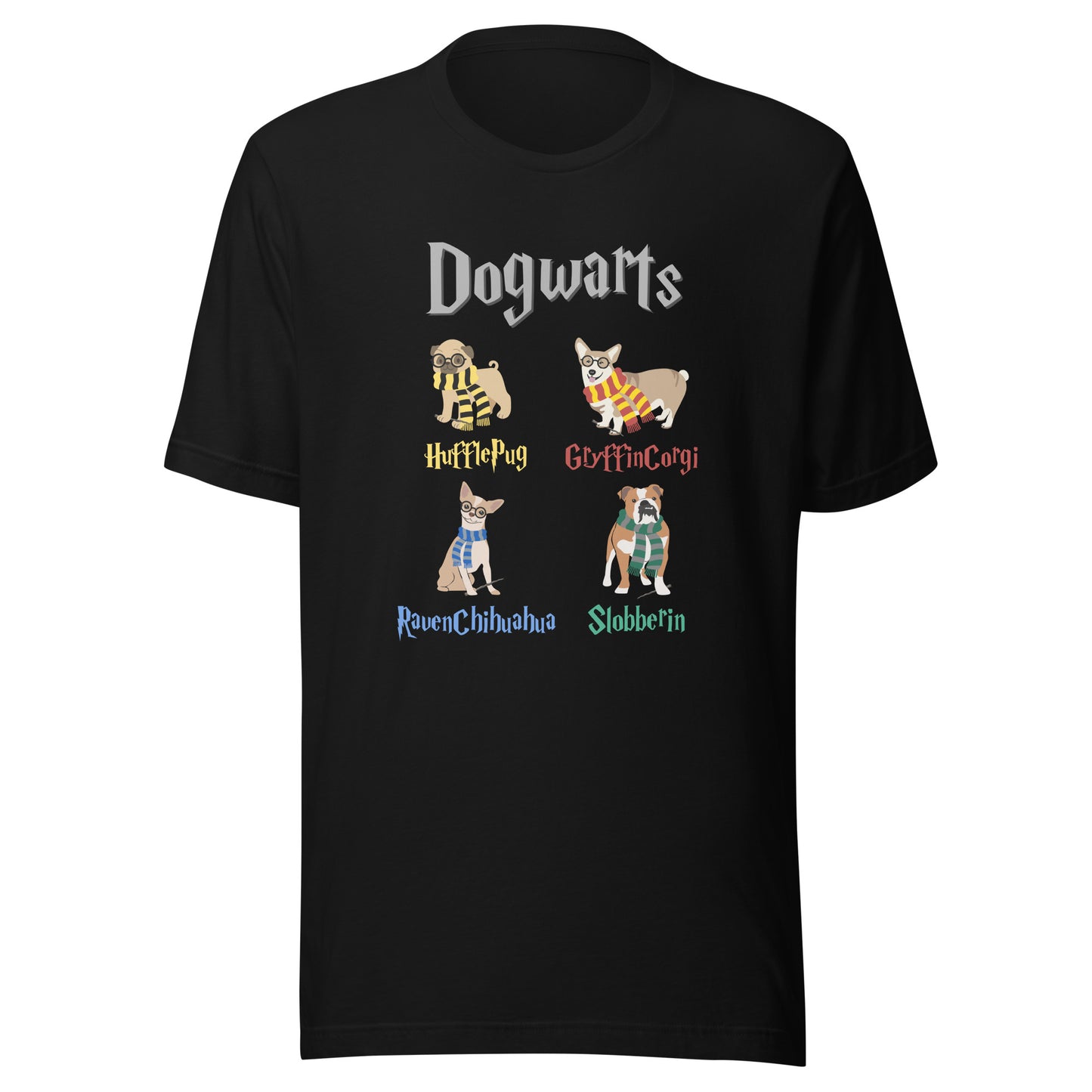 Funny Harry Potter Inspired T-Shirt, Dogwarts Houses, Harry Potter & Dog Lover Shirt, Corgi, Pug, Chihuahua, Bulldog Graphic Tee, Unisex Bella Canvas T-Shirts