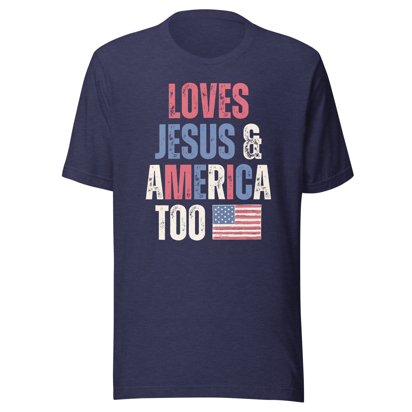Fun Patriotic T-Shirt - Loves Jesus & America Too - 4th of July Shirt - American Flag Shirt - USA - Free Fallin - Unisex Bella Canvas T-Shirts
