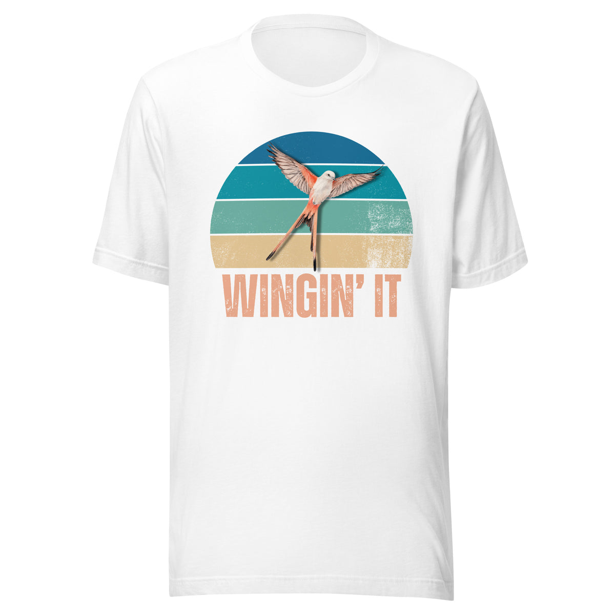 A white Wingin' It graphic t-shirt with a Wingspan-inspired scissor-tailed flycatcher over a colorful retro sunset design