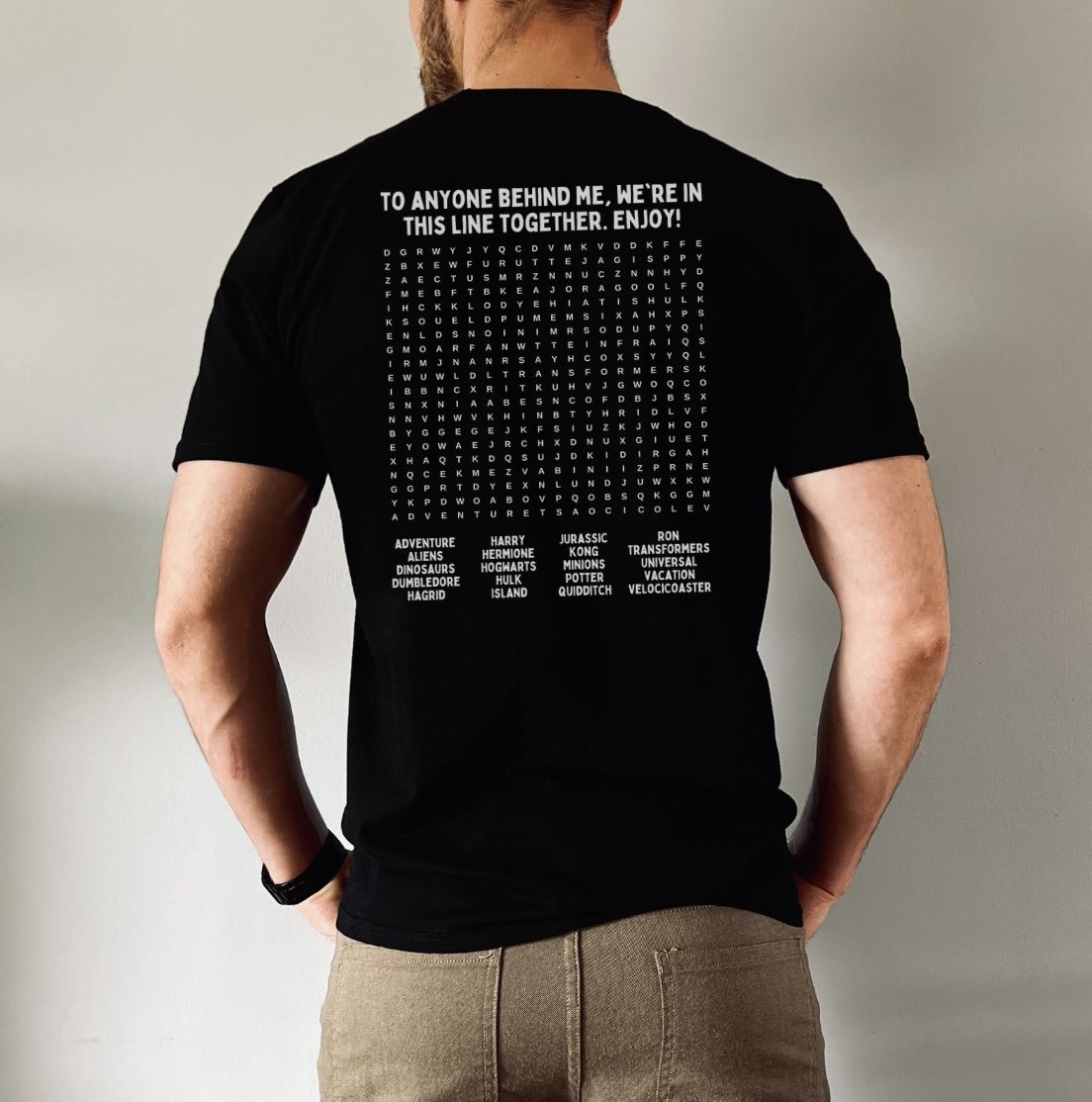 Interactive Universal Studios Themed T-Shirt - Fun Word Search Puzzle on Back - Waiting in Line, Universal Rides, Orlando, Word Find, Line Game, Unisex Gildan T-Shirt