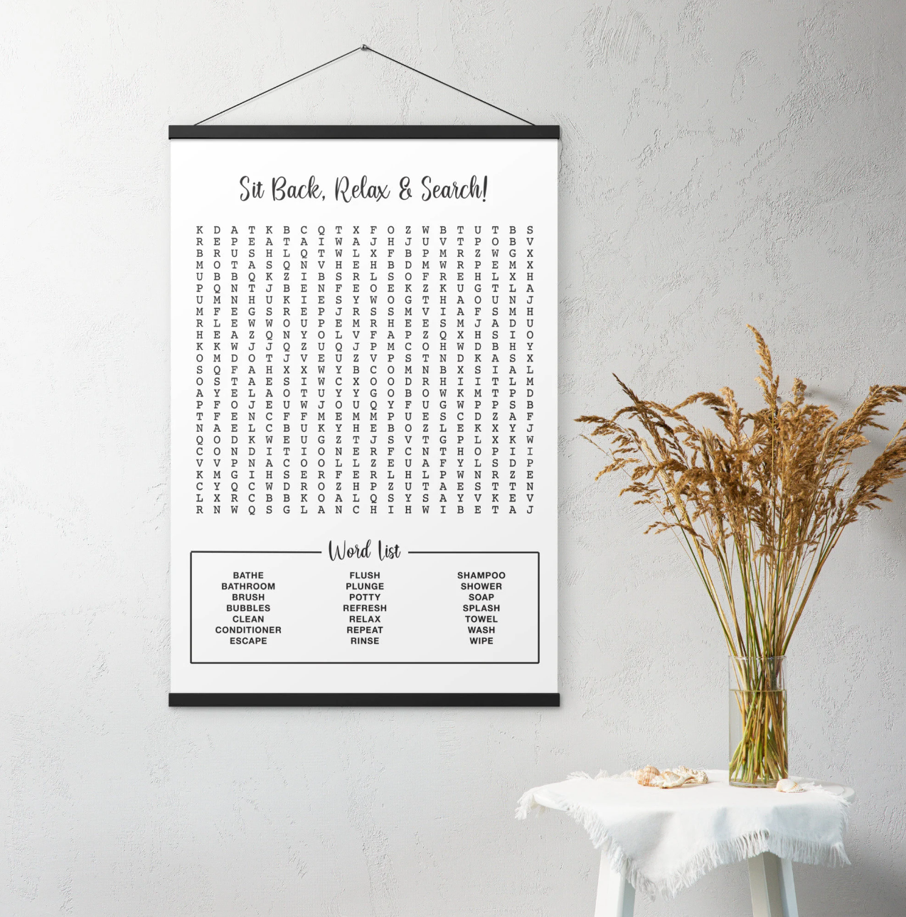 Fun Bathroom Word Search Poster with Decorative Wooden Magnetic Hanger Frame Included - Home Decor - Guest Bathroom - Half Bathroom Wall Art