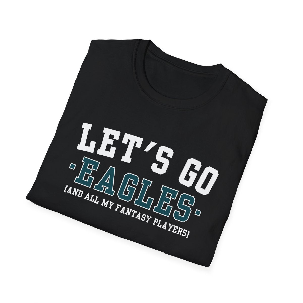 Folded black Eagles fantasy football tee angled on a white background, print facing camera