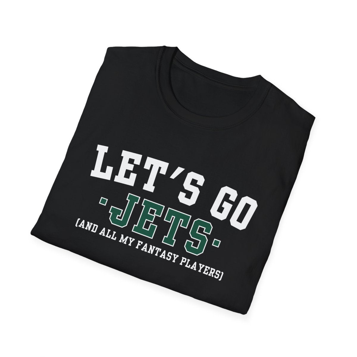 Folded black Jets fantasy football tee angled on a white background, print facing camera