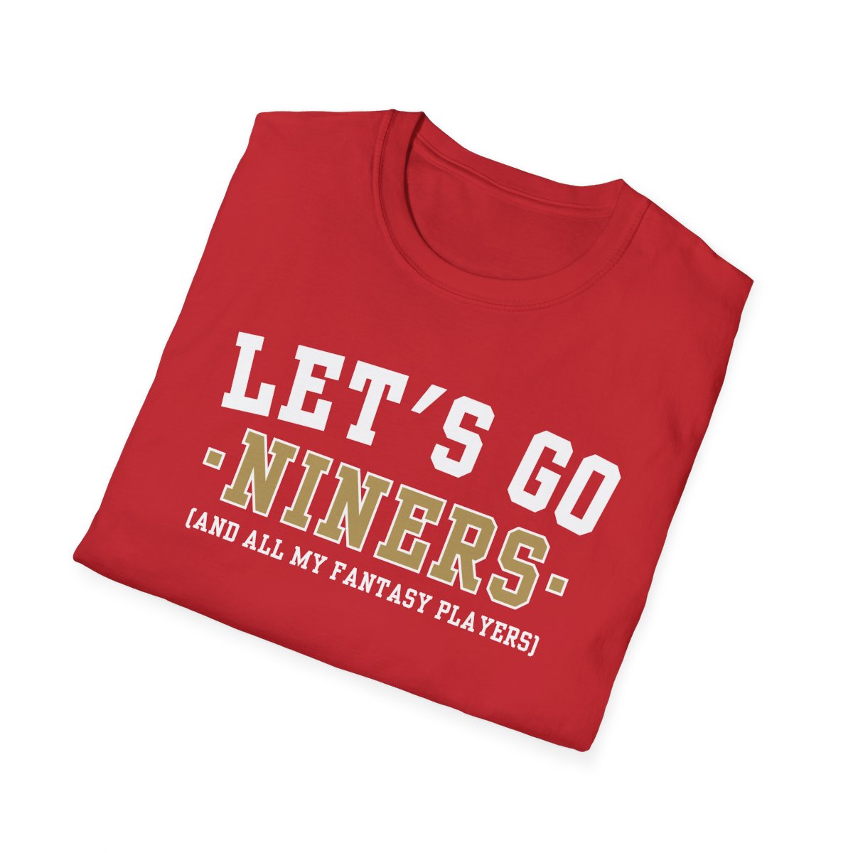 Folded red Niners fantasy football tee angled on a white background, print facing camera
