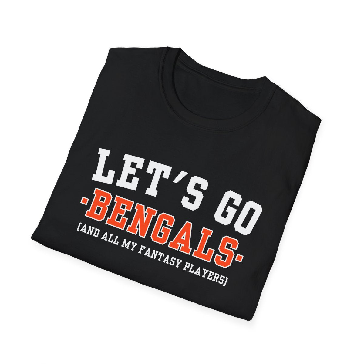 Folded black Bengals fantasy football tee angled on a white background, print facing camera