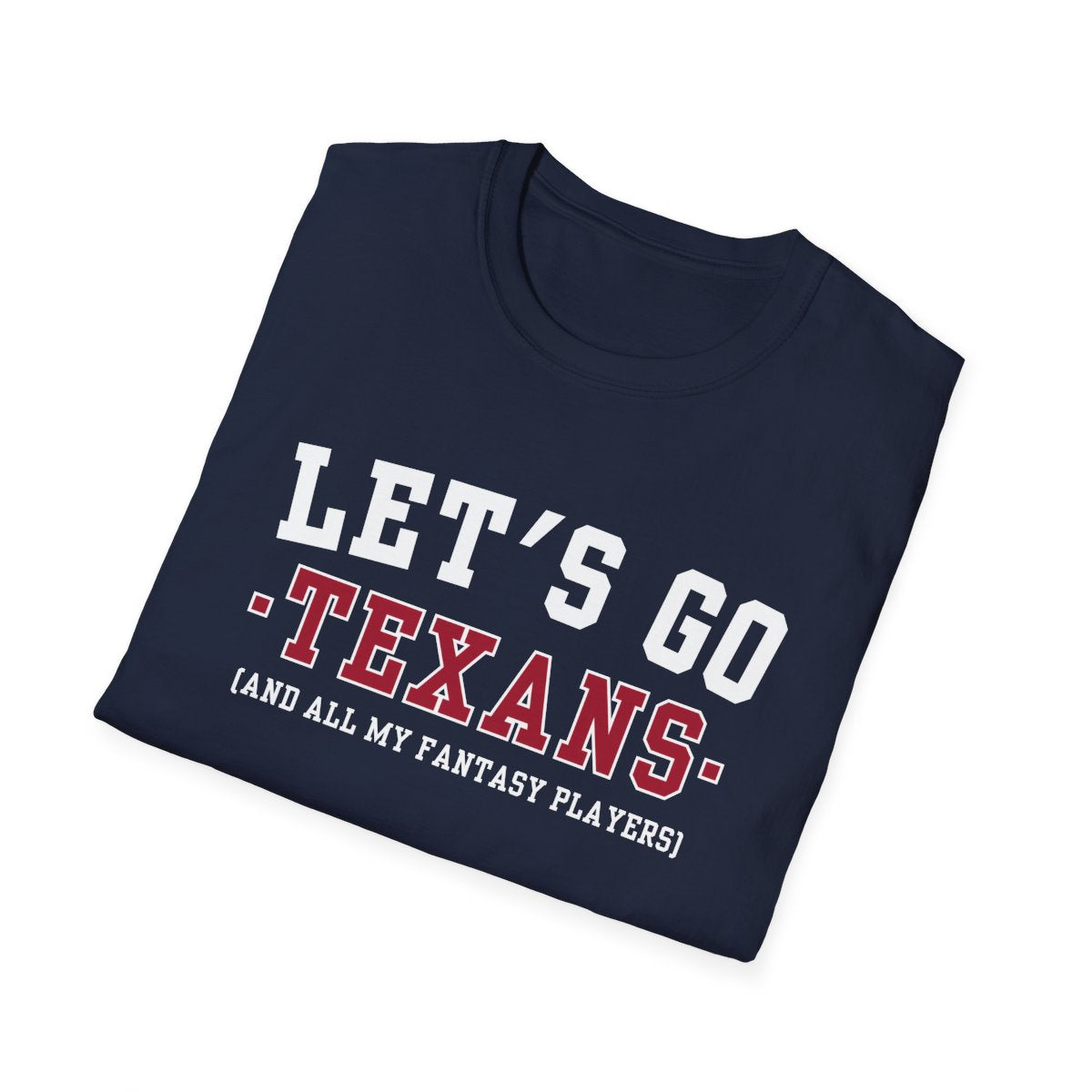 Folded navy Texans fantasy football tee angled on a white background, print facing camera