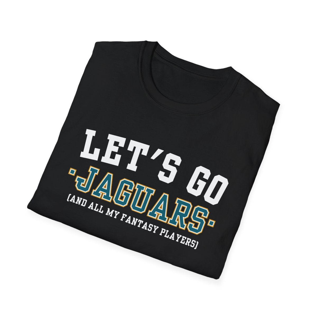 Folded black Jaguars fantasy football tee angled on a white background, print facing camera