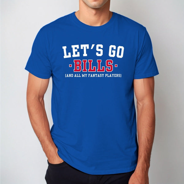 Man wearing a royal blue Let's Go Bills fantasy football tee — all 32 teams available