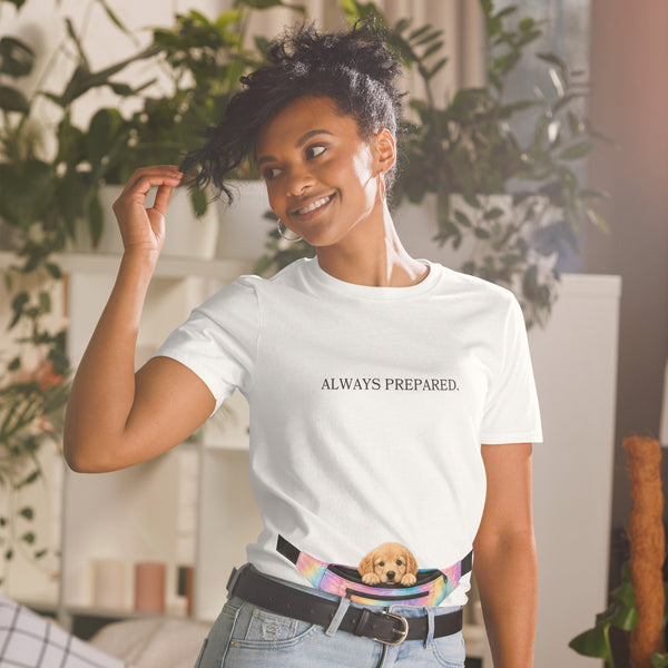 Woman wearing the Always Prepared golden retriever fanny pack tee in white, the printed tie-dye fanny pack lining up at her waist