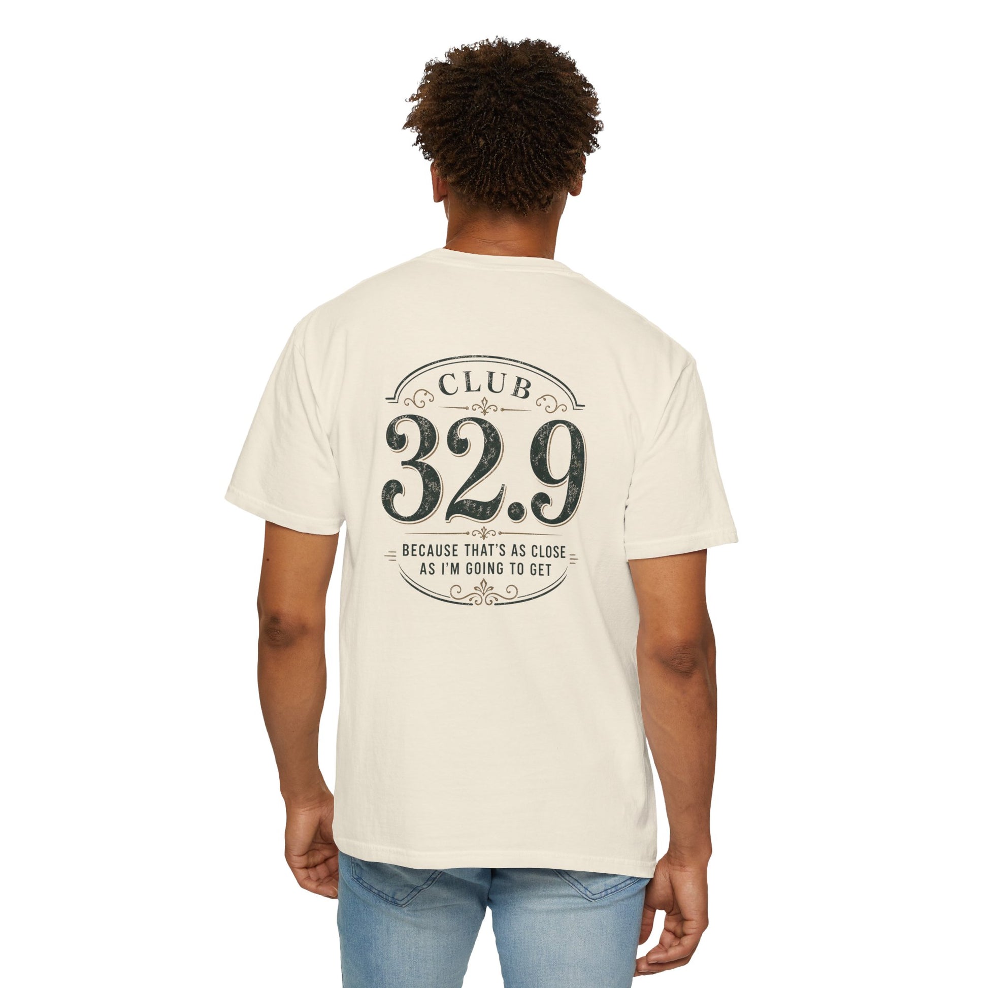 Man wearing Funny Club 32.9 Disneyland-inspired Comfort Colors t-shirt back design