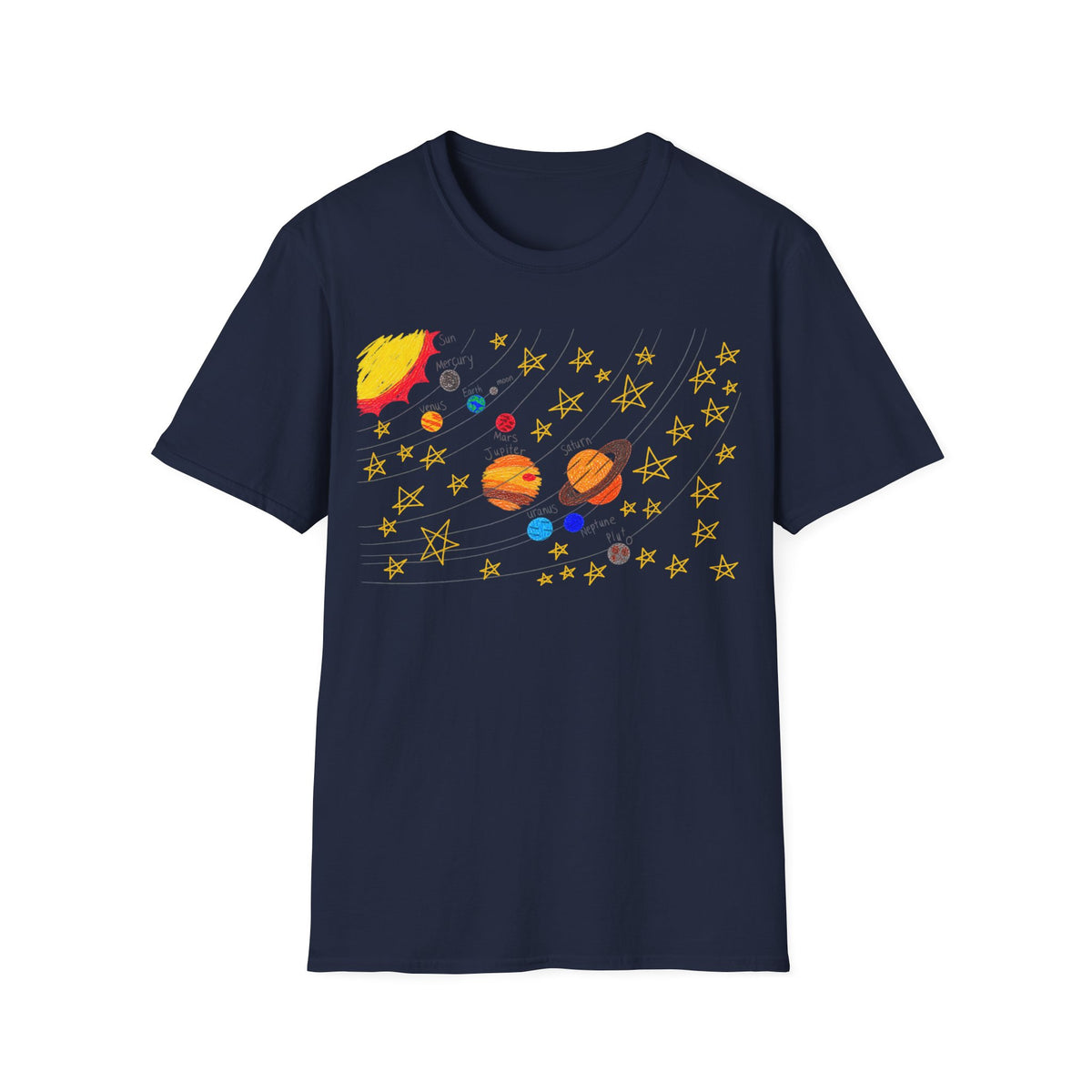 A navy blue short-sleeve crewneck t-shirt featuring a hand drawn colorful artistic print of a solar system with planets, stars, and a sun on the chest, displayed against a solid white background.