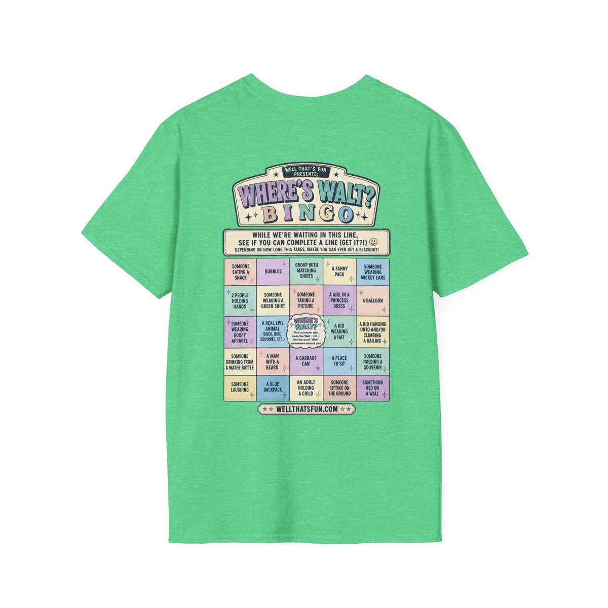 Heather Irish Green Where's Walt? Bingo tee, back flat lay showing the full bingo card design.