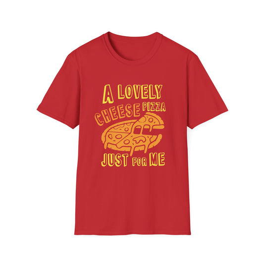 Red funny Christmas tee featuring a hand-drawn cheese pizza and the quote 'A lovely cheese pizza just for me.'
