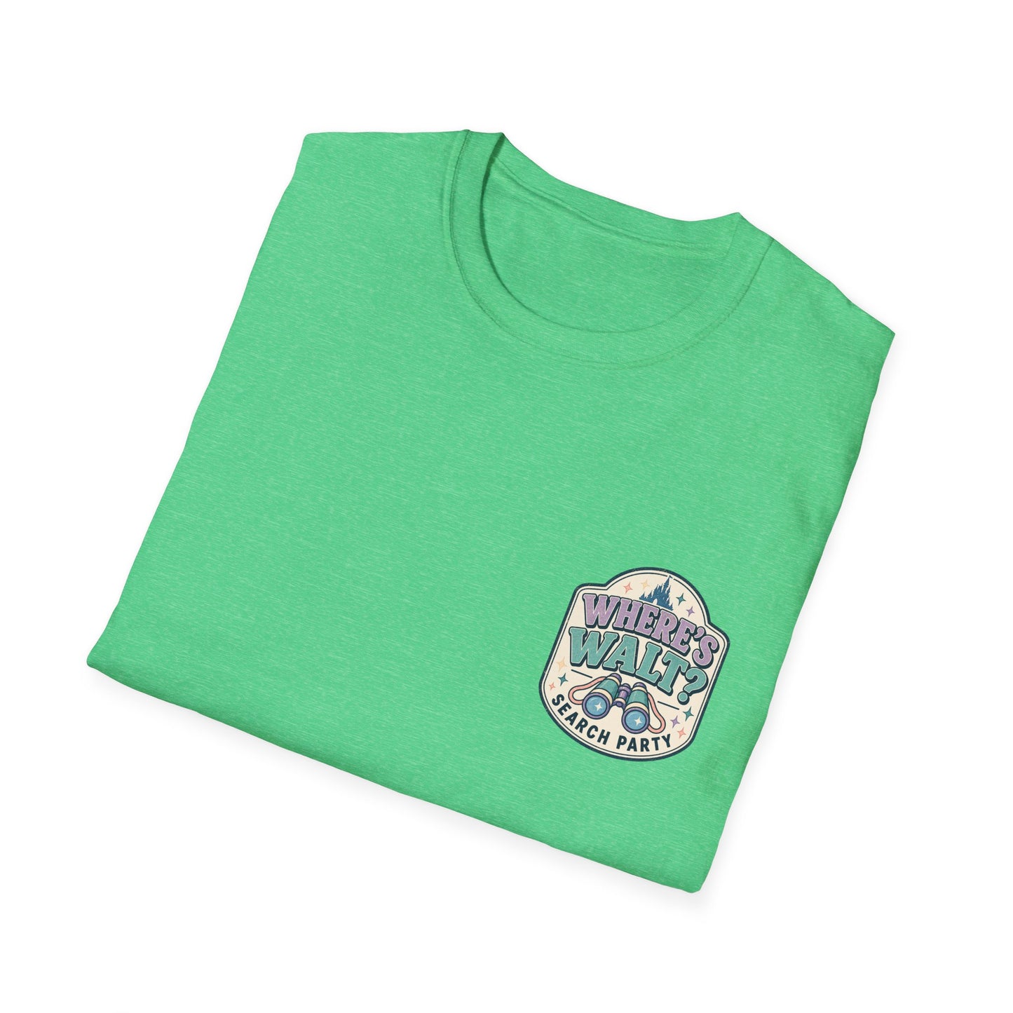 A folded green t-shirt with a vintage-style 'Where's Walt? Search Party' graphic on the left chest, displayed on a clean white background.