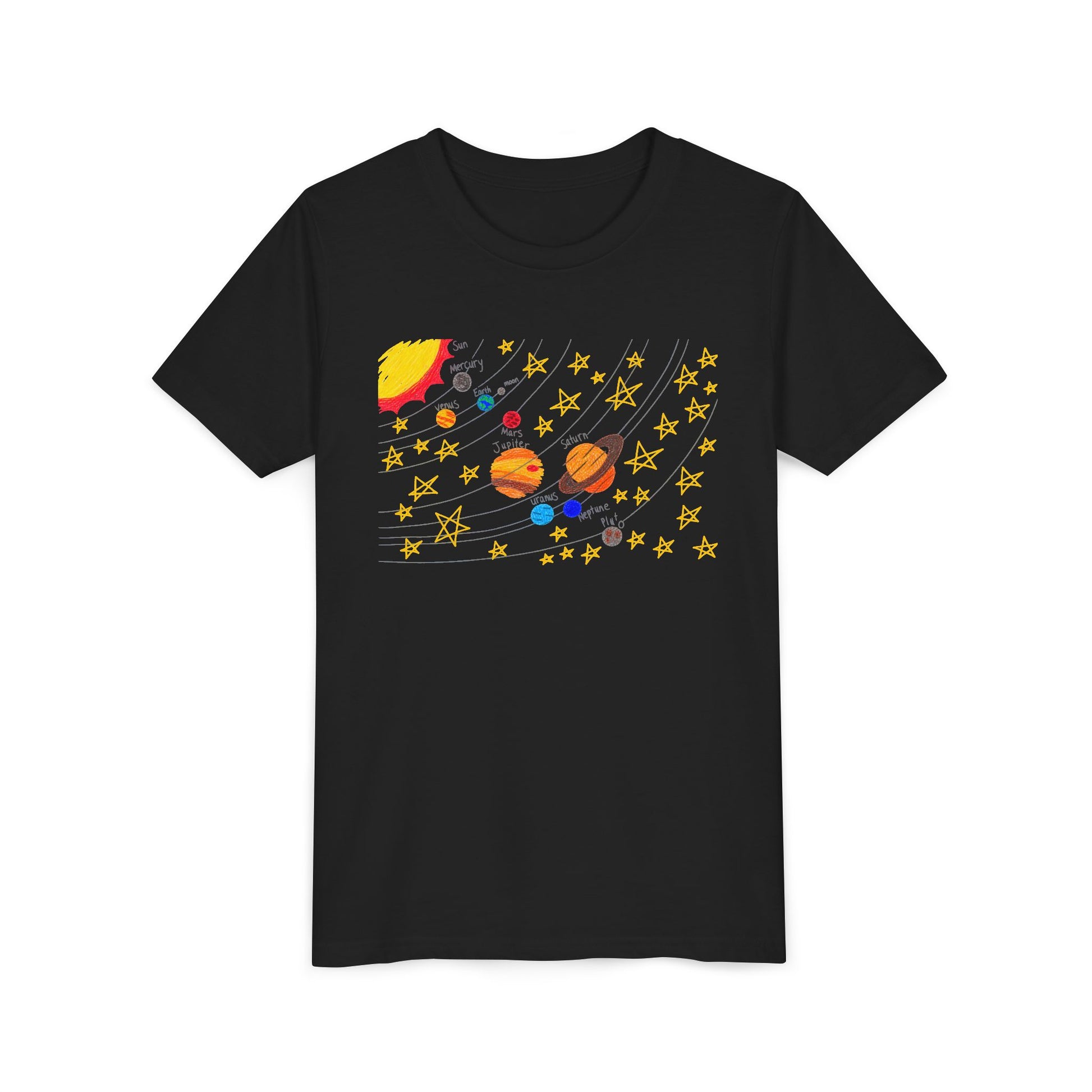 A black short-sleeve crewneck t-shirt featuring a colorful hand drawn graphic print of a solar system with planets, stars, and orbital paths on the front, displayed against a solid white background.