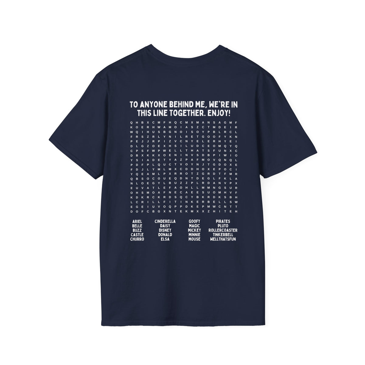 Navy Blue T-shirt With Disney-themed word search puzzle on the back