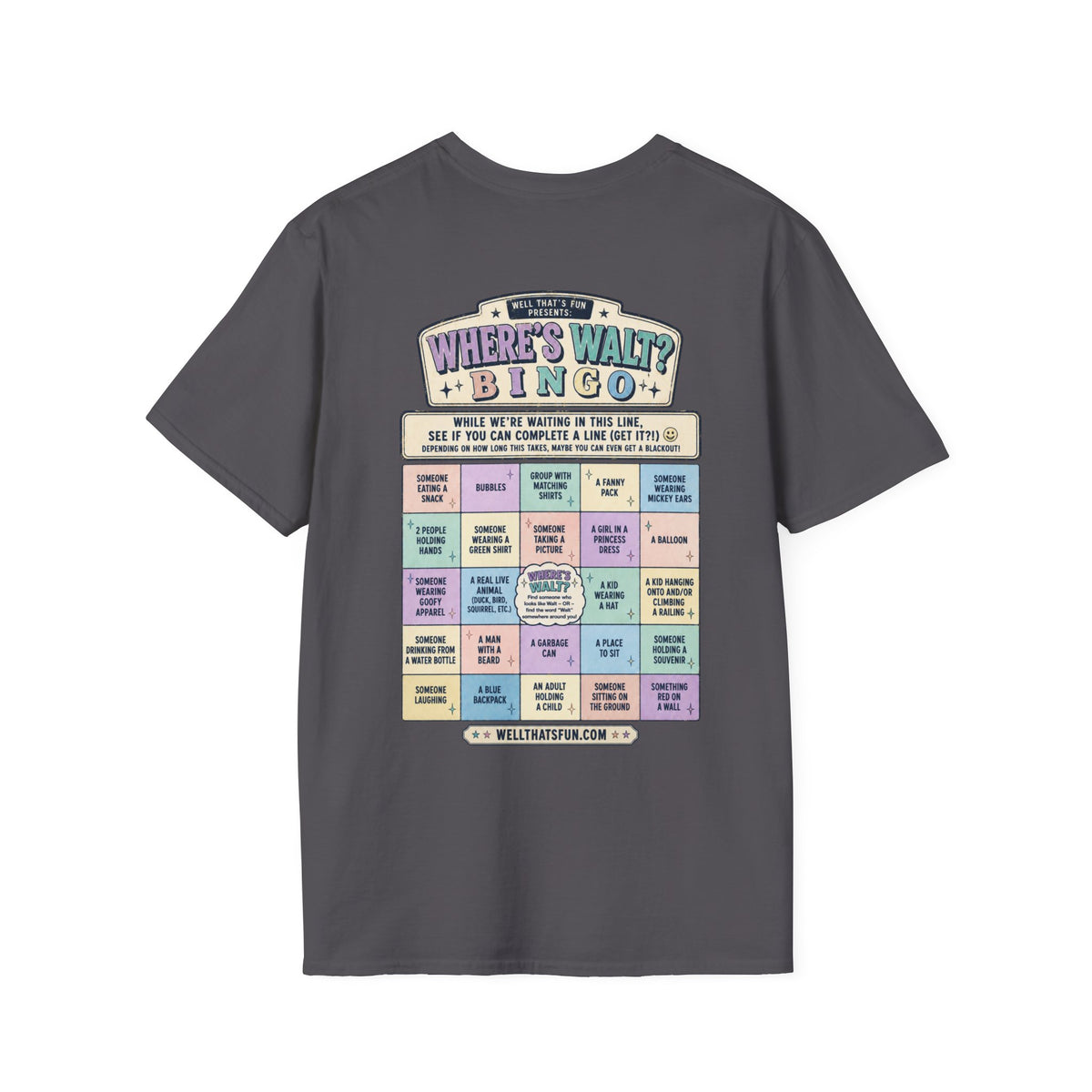 Charcoal Where's Walt? Bingo tee, back flat lay showing the full bingo card design.
