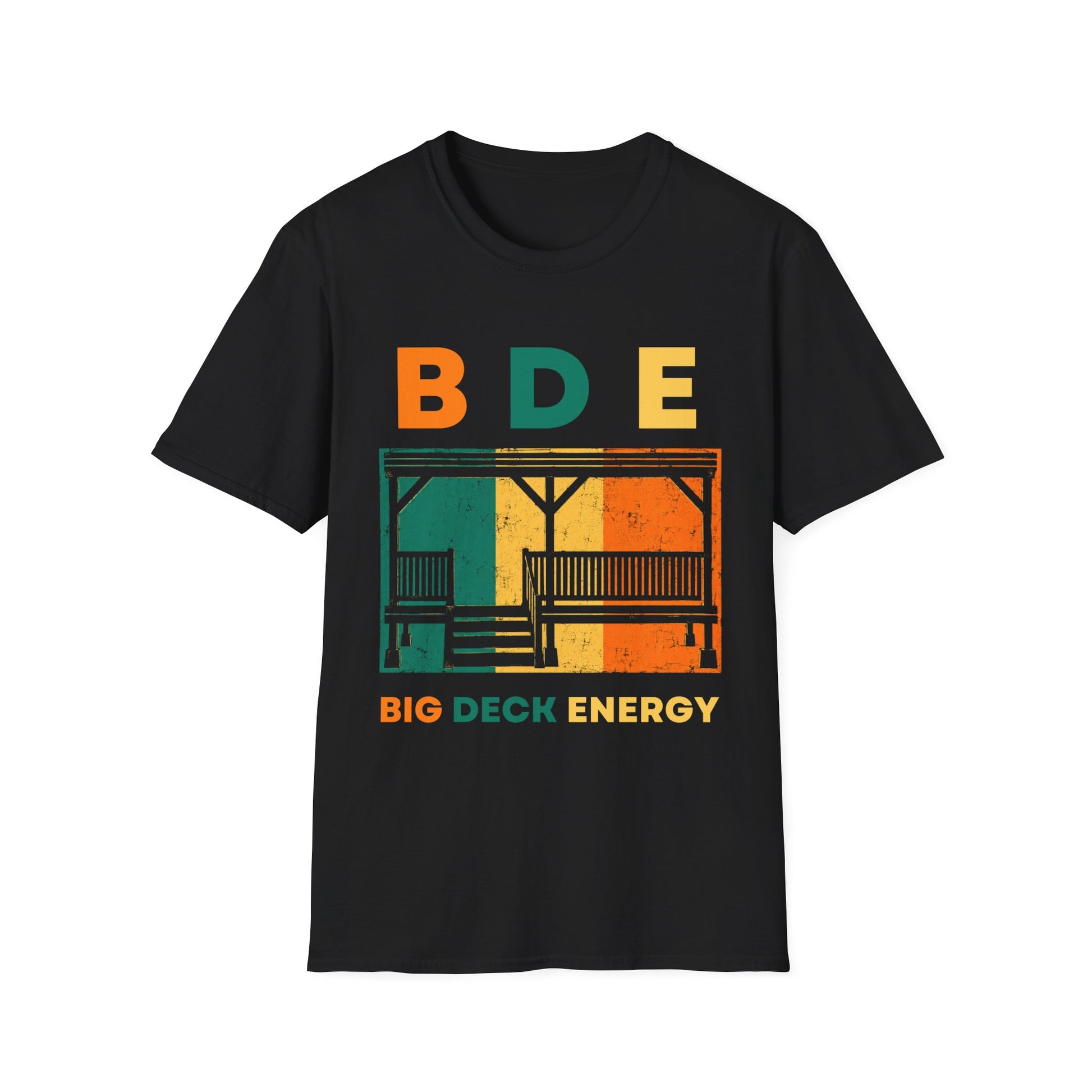 A black short-sleeve crewneck t-shirt featuring a retro-style graphic on the front with the letters 'BDE' in orange, teal, and yellow above a distressed deck railing illustration, and the text 'BIG DECK ENERGY' printed below.