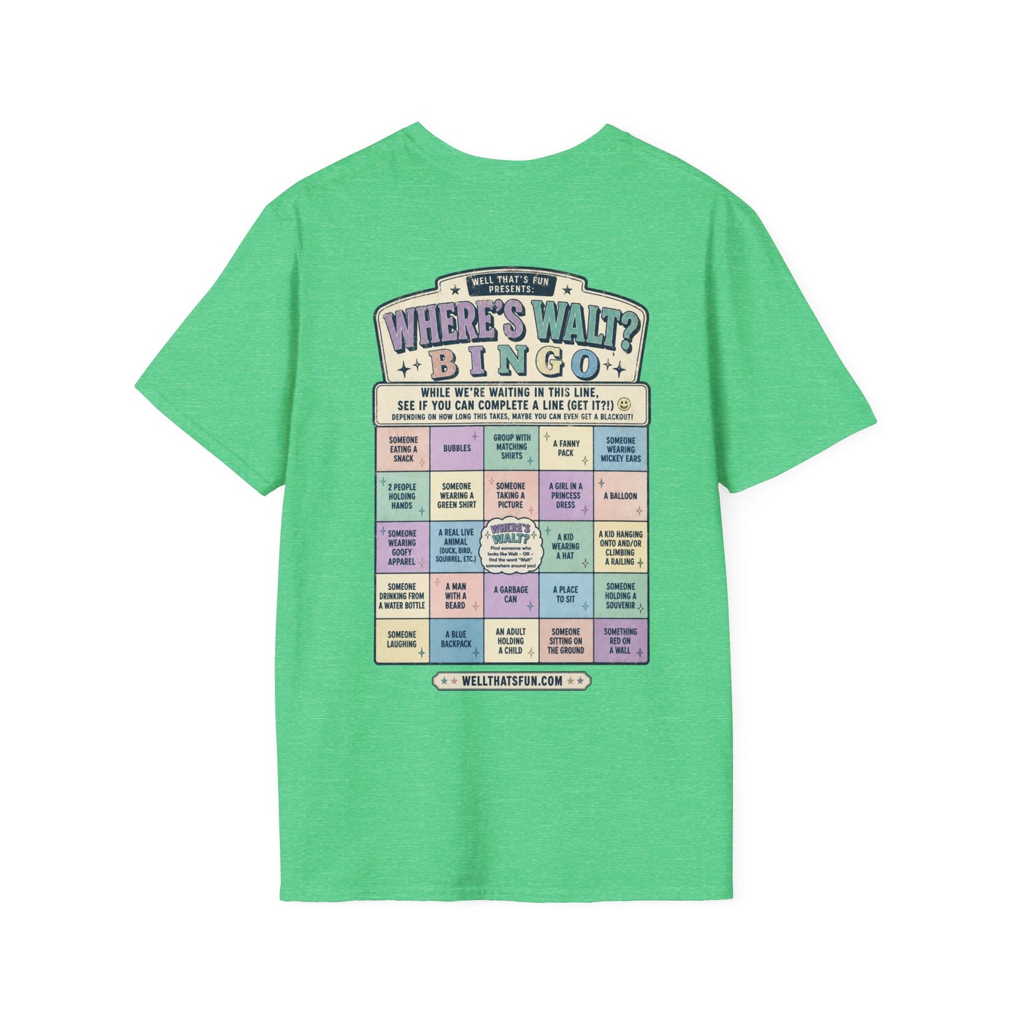 A green heather short-sleeve t-shirt shown from the back, featuring a large colorful 'Where's Walt? Bingo' graphic print on the center back.