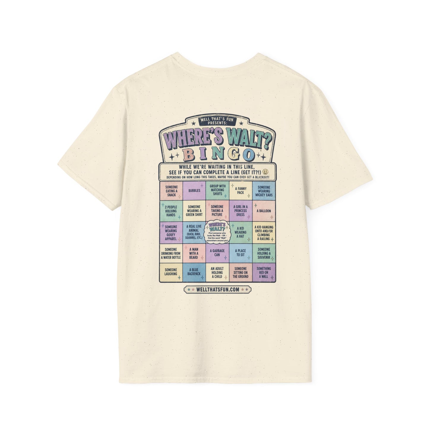 A cream-colored short-sleeve t-shirt shown from the back, featuring a colorful retro-style 'Where's Walt? Bingo' game graphic print on the center back.