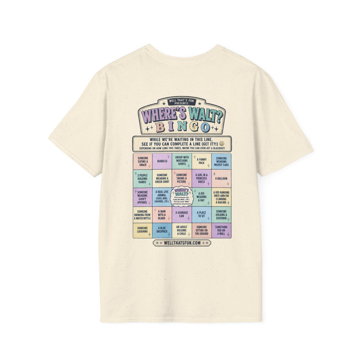 Natural Where's Walt? Bingo tee, back flat lay showing the full bingo card design.