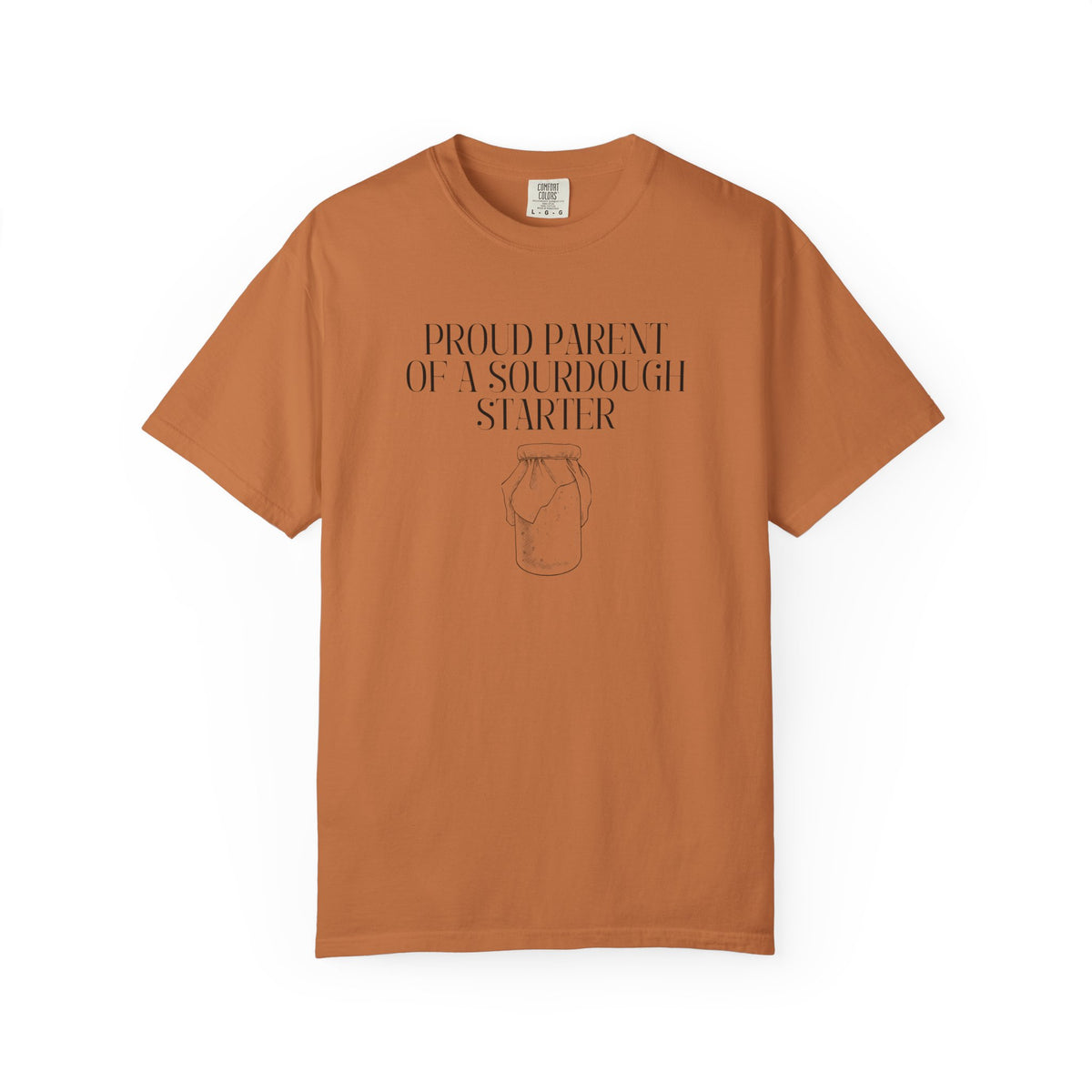 Yam colored Comfort Colors® "Proud Parent of a Sourdough Starter" graphic t-shirt on a white background with vintage sourdough starter jar illustration. Funny gift for sourdough bakers and bread enthusiasts.