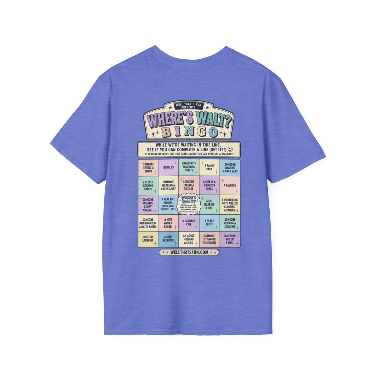 Heather Royal Where's Walt? Bingo tee, back flat lay showing the full bingo card design.
